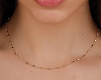 14k Solid Gold Beaded Chain, Unique Simple Gold Chain, Dainty Gold Necklace, Genuine Gold Layering Choker, 14k Yellow Gold Necklace, Daphne