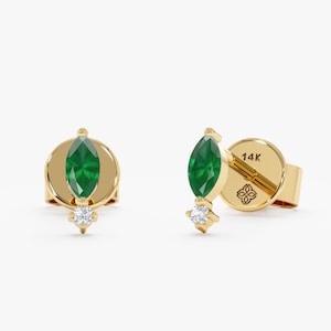 Petite Marquise Emerald Earrings, 14k Solid Gold Stud, Small Diamond and Gemstone Jewelry, 18k Handmade Fine Jewelry, May birthstone, Halle