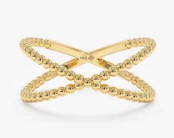 14k Massiver Gold-Perlen-Gold-X-Ring, Criss-Cross-Ring, schlichter Goldring, schlichter einzigartiger Ring, Statement-Ring, zarter Goldring, trendy, Adelyn