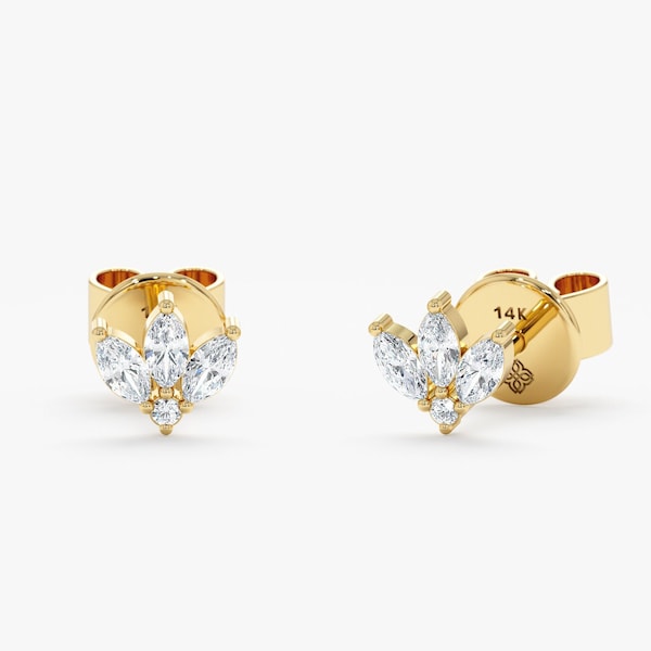 Marquise Diamond Earrings, Small Diamond Studs, Solid Gold, Marquise and Round Diamonds, Yellow, Rose or White Gold, Everyday Earrings, Lexi