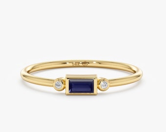 14k Gold Sapphire Baguette Bezel Ring, Blue Sapphire and Diamonds, Dainty Stackable Sapphire Ring, Minimalist Engagement Ring, Amelia