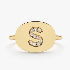 14k Solid Gold Diamond Initial Ring, Diamond Signet Ring, 14k White, Yellow, or Rose Gold, Personalized Jewelry, Initial Pinky Ring, Shania