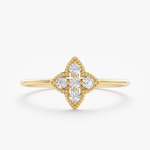 Clover Diamond Ring, Solid Gold Dainty Natural White Diamond Ring ...