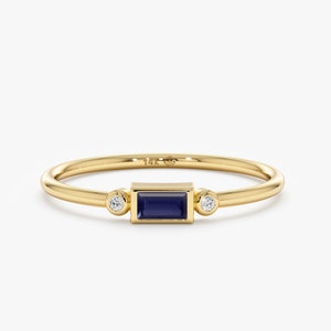 14k Gold Sapphire Baguette Bezel Ring, Blue Sapphire and Diamonds, Dainty Stackable Sapphire Ring, Minimalist Engagement Ring, Amelia