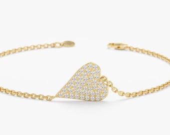 14k Gold Diamond Heart Bracelet, Solid Gold Heart Bracelet, Lily, Diamond Charm, Valentine's Day Gift, Dainty Bracelet, Micro Pave Diamond