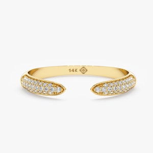 14k Gold Diamond Claw Ring, Round White Diamonds, Diamond Cuff Ring in Trend, Diamond Claw Ring, Gold Pave Ring, Stackable Ring, Marina