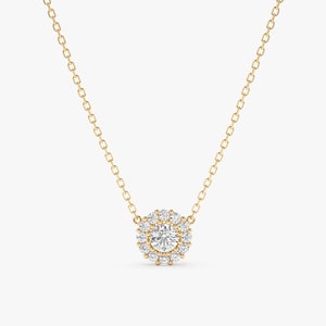 Diamond Halo Pendant Necklace, 14k or 18k, Solid Gold Natural Diamond Necklace, Petite Round Diamond, Fine Jewelry, White, Rose, Yellow Gold