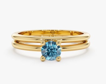 14k Gold Blue Diamond Ring, Solitaire Diamond, Gold Wedding Band, Engagement Ring Set, Wedding Ring, Minimalist and Elegant Design, Jordyn