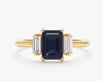 14k Solid Gold Large Blue Sapphire Ring, Blue Sapphire Engagement Ring, Octagon Shape Sapphire, Baguette Diamonds, Engagement Ring, Lauryn