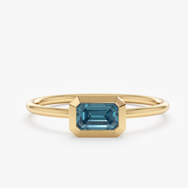 Solid Gold Blue Topaz Ring, Stackable Ring, Octagon Shape, Solitaire Bezel Setting, Dainty Gold Band, London Blue Topaz, Luisa