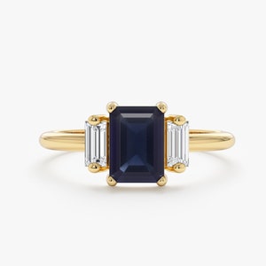 14k Solid Gold Large Blue Sapphire Ring, Blue Sapphire Engagement Ring, Octagon Shape Sapphire, Baguette Diamonds, Engagement Ring, Lauryn