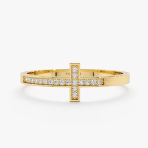 14k Solid Gold Diamond Cross Ring, Dainty Gold Cross Ring, Gold Christian Ring, Sideways Cross, Dainty Gold Ring, Religious Gift, Mary