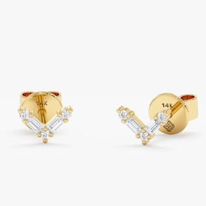 14k Diamond Chevron Earrings, Diamond V Studs, Solid Gold, Baguette and Round Diamonds, Prong Setting, 14k Rose, White, Yellow, Hyacinth