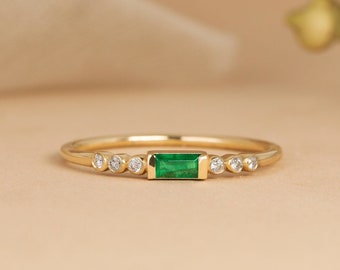 Emerald Ring, 14k Emerald Engagement Ring, Natural Diamond Stacking Ring, Genuine Emerald Ring, Baguette Emerald Ring, Minimalist, Cecilia