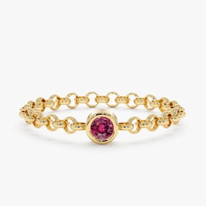 Pink Tourmaline Ring, Gold Loose Chain Ring, 14K Bezel Birthstone Ring, Pinky Ring, October Birthstone Gift, Everyday Ring, Adriana