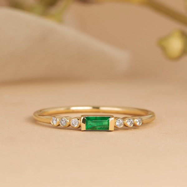 Emerald Ring, 14k Emerald Engagement Ring, Natural Diamond Stacking Ring, Genuine Emerald Ring, Baguette Emerald Ring, Minimalist, Cecilia