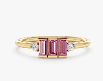 14k Gold Pink Sapphire Ring, Solid Gold Diamond Ring, Baguette and Round Shape Gems, Gold Engagement Ring, Sapphire Wedding Band, Caresha