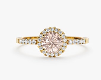 Solid Gold Morganite Ring, 14k Diamond Ring, Engagement Ring, Halo Setting, Promise Ring, Bridal Ring, 14k Rose, White, Yellow Gold, Audrey