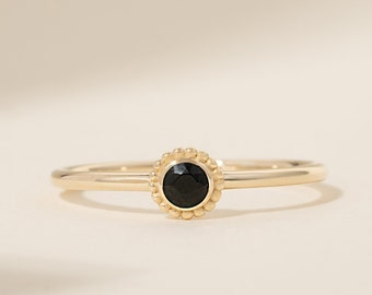 14k Solid Gold Black Onyx Ring, Black Onyx Verlovingsring, Beaded Bezel Setting, 14k Gemstone Ring, Black Onyx Solitaire Ring, Winnie