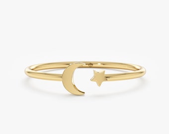Solid Gold Mini Moon And Star Ring, 14k Gold Crescent and Star Ring, Gold Cuff Ring, Minimalist Dainty Moon Ring, Tiny Star Ring, Astrid