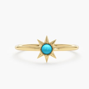 14k Solid Gold Turquoise Ring,  Sun Design, Skinny Gold Band, Natural Turquoise, Gift for Her, Dainty Gold Ring, Present For BFF, Winona