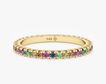 Rainbow Sapphire Eternity Ring, Genuine Real Gemstone, Colorful Stackable Ring, Pink, Blue, Yellow Sapphire, 14k and 18k Solid Gold, Saoirse