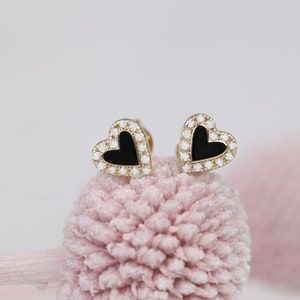 Diamond Heart Earrings, Black Enamel, Dainty Diamond Earrings, 14k Solid Rose, White or Yellow Gold, Diamond Earrings, Sarah Elise image 2