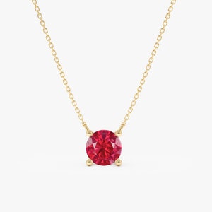 Ruby Pendant Solitaire Necklace, Dainty Stacking Necklace, Round-Cut Lab Grown Ruby, Solid Gold Prong Set, July Birthstone Necklace, Rosalee