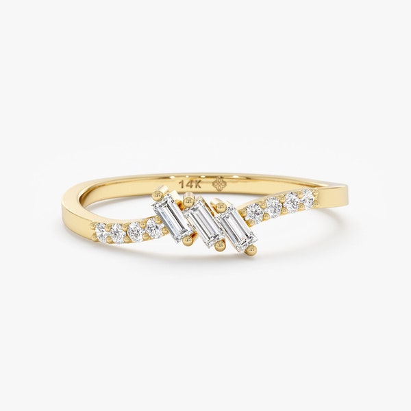 14k Gold Baguette Diamond Ring, Dainty Petite Diamonds, Triple Diamond Curved Ring, Genuine Handmade, Unique Engagement Ring, Judith