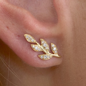 Diamond Leaf Stud Earrings, 14k or 18k Solid Gold Ear Climber, Diamond Paved Olive Branch Studs, Laurel Leaf Design, Laurel