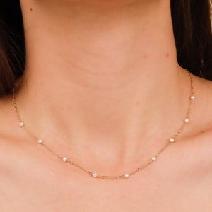 Pearl Necklace, Pearl Beaded Choker Necklace, 14k Solid Gold Chain with 3mm Natural Pearls, 9 Pearl Stations on Gold Dainty Chain, Perla