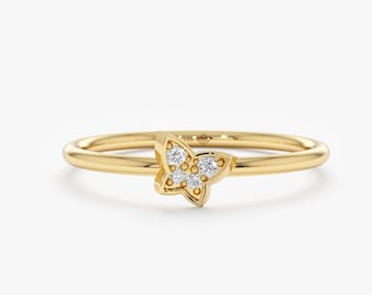 Mini Diamond Butterfly Ring, 14k Solid Gold Ring, Dainty Ring, Small Gold Ring, Birthday Gift, Thin Band, 14k Yellow, Rose, White, Mariposa