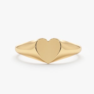 14k Solid Gold Heart Signet Ring, Gold Personalized Jewelry, Engravable Heart Ring, Pinky Signet Ring, White, Yellow, Rose Gold, Kate