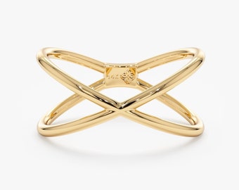 14k Solid Gold Zierlicher Gold X Ring, Criss Cross Ring, Mittelfinger Ring, 14k Weiß, Gelb, Roségold, Zarte Goldring, Trendy, Adelyn