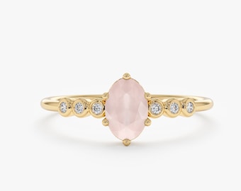 14k Gold Diamond and Rose Quartz Ring, Gemstone Engagement Ring, Diamond Bezel, Stackable Ring, Oval cut, Rose Quartz Ring, Genevieve