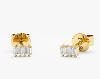 14k Baguette Diamond Earrings, Minimalist Diamond Earrings, Small Diamond Earrings, Buy Full or Half Pair, Second Hole Studs, Gift for Her