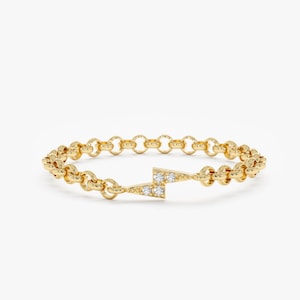 14k Diamond Lightning Bolt Ring, Chain Ring, Solid Gold, Pinky Ring, Signet Ring, Dainty Gold Ring, Pointy Finger Ring, Electra