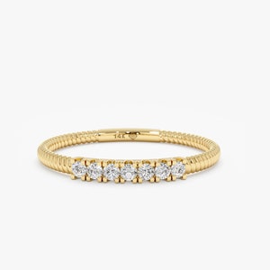 14k Gold Diamond Bar Ring, Textured Rope Wedding Band