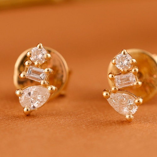 14k Diamond Cluster Stud Earrings Small Diamond Earrings - Etsy