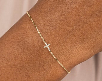 14k Gold Diamond Small Cross Bracelet, Dainty Minimalist Christian Jewelry, Solid Gold, Natural Diamond, Dainty Stackable Bracelet, Mary