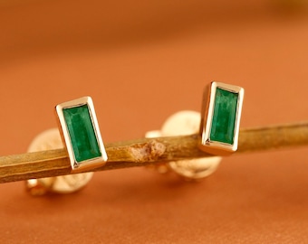 14k Emerald Studs, 14k Emerald Earrings, Baguette Earrings, Small Emerald Earrings, Natural Emerald, Solid Gold, 14k Yellow, White, Verna