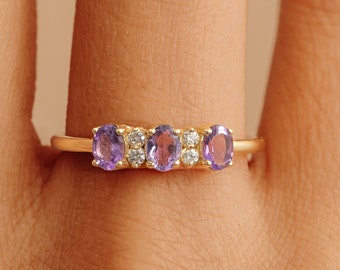 Amethyst Ring, 14k Gold Vintage Ring, Diamond Ring, Birthstone Ring, Birthday Gift, White, Yellow, Rose, Dainty Purple Gemstone Ring, Blair