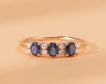 Blue Sapphire Ring, 14k Sapphire Ring, Round Diamonds and Oval Cut Sapphires, Natural Stones and Genuine Gold, White, Yellow, Rose, Blair