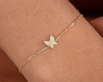 14k Gold Diamond Butterfly Bracelet, Solid Gold Butterfly Charm Bracelet, Diamond Butterfly Bracelet, Dainty Gold Diamond Bracelet, Monica