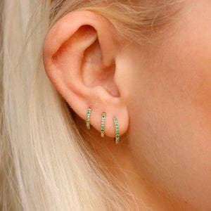 14k Emerald Huggies, Gold Huggies, Solid Gold Mini Hoops, Small Emerald Gold Huggie Earrings, Sold as A Pair, Small Hoop Earrings, Esmeralda image 4