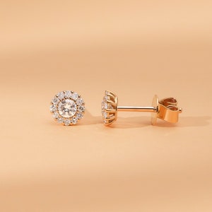 Side view of Solid 14k Gold Halo Diamond earring Studs