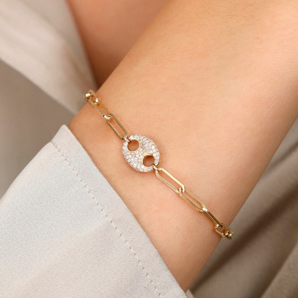Diamond Paved Mariner Chain Link Bracelet, Paperclip Link, 14k Solid Gold Bracelet, Fine Fashion Jewelry, Designer Chain Bracelet, Gaga