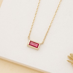 14k Gold Ruby Necklace, Ruby Necklace, Baguette Necklace, Solid Gold Necklace, Dainty Ruby Necklace, Ruby Pendant Necklace, Teresa
