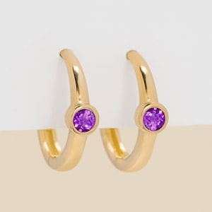 14k Solid Gold Amethyst Earrings, Small Huggie Earrings with Gemstone, Gold Huggies, Gold Hoop Earrings, Bezel Setting, Birthday Gift, Nina