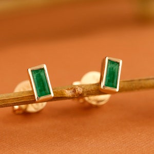 14k Emerald Studs, 14k Emerald Earrings, Baguette Earrings, Small Emerald Earrings, Natural Emerald, Solid Gold, 14k Yellow, White, Verna
